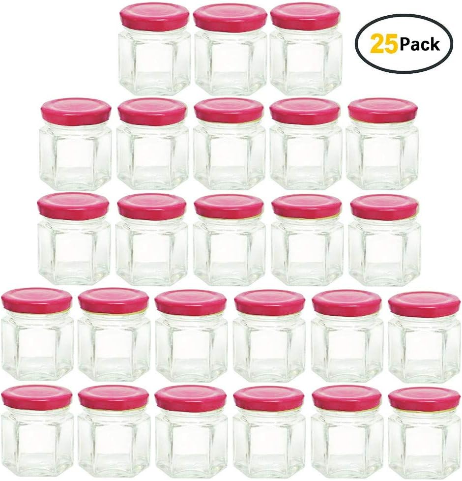 Clear Hexagon Jars 1.5oz With Lids Red,Glass Jars For Spice,Foods,Jams,Liquid,Mason Jars For Storage 25 Pack