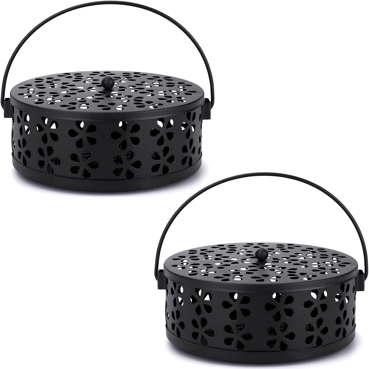2-Pack Citronella Coil Holder Portable Mosquito Coil Holder Metal Incense Burner with Lid Round Spiral Incense Coil Holder (Black/Black)