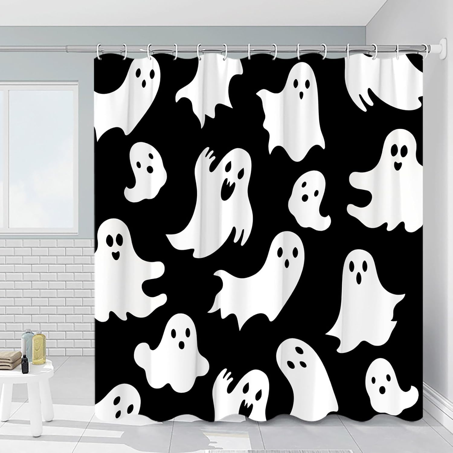 Halloween Ghost Shower Curtain Cute Funny Cartoon Spooky Ghosts Bathroom Curtains Horror Trick or Treat Happy Halloween Party Boys Girls Bathtub Decor with Hooks 108 x 70 in