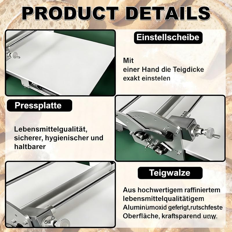 Sfogliatrice Elettrico Professionale, Macchina per Pasta Sfoglia, con Spessori Regolabili, per Croissant, Pizza e Pasta, Superficie Antiaderente in PP