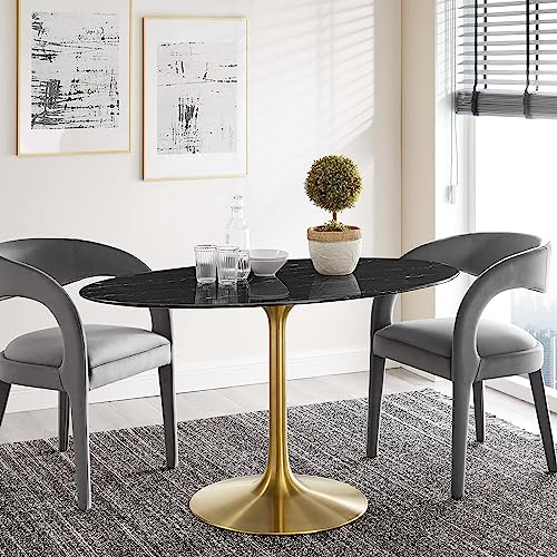 Image of Modway Lippa Oval 54 inch Artificial Marble Mid-Century Modern Dining Table, Gold Black