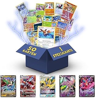 Pokemon Karten Deutsch 50 Verschiedene Original Pokemon | 1 V, VMAX, VSTAR, EX | 3X Holo | 1x Rare | 1 zufällige Pikachu, Evoli, Dedenne aktuelle Sets + 1 Heartforcards® Toploader