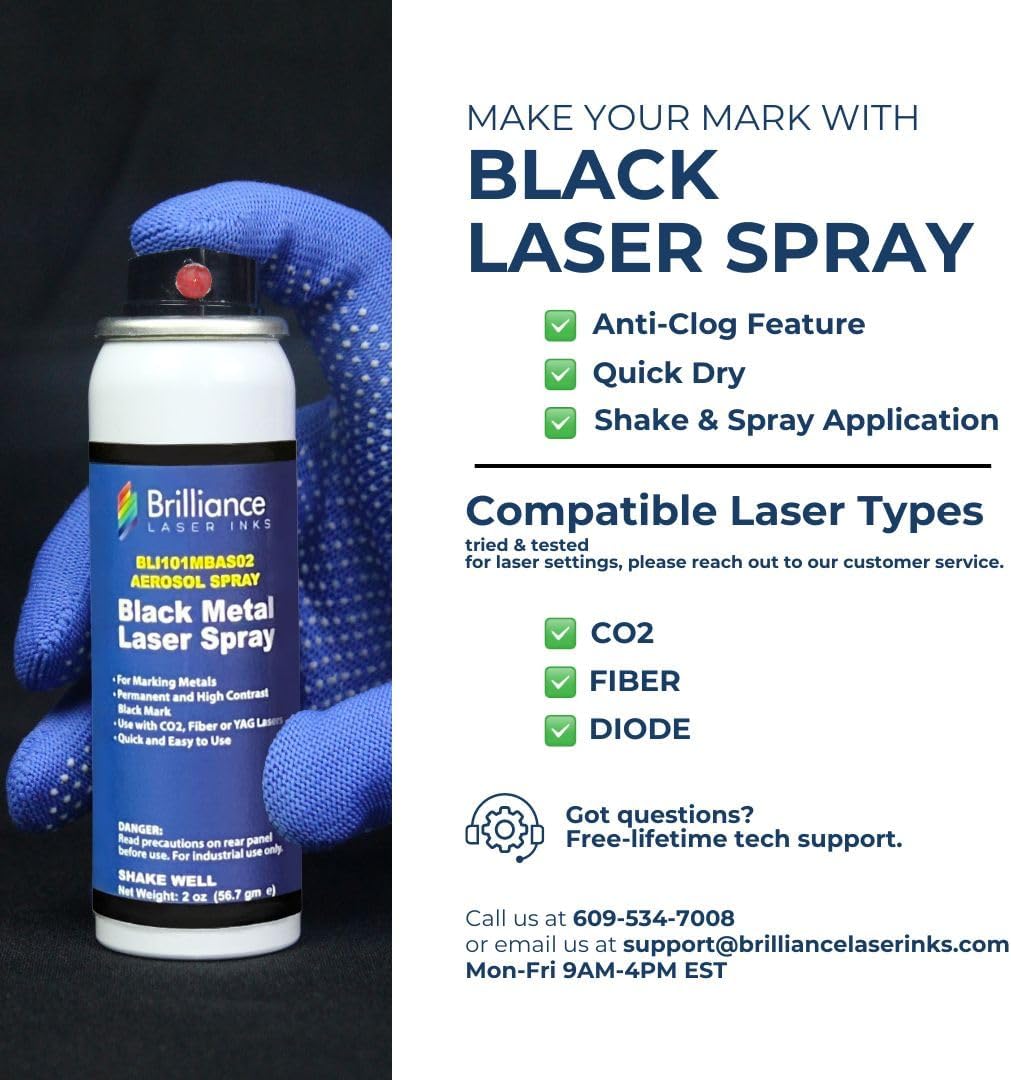 Brilliance Laser Inks 2 Oz Aerosol Black Laser Marking Spray for High Contrast Metal Marks | Permanent and Durable Metals Ink for Fiber, YAG, Diode, and CO2 Laser Engraver