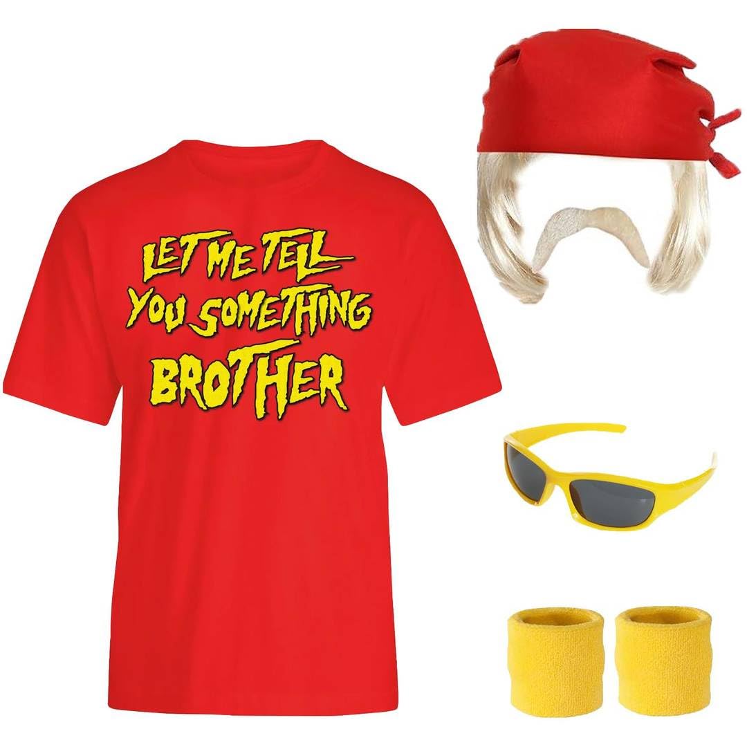 Adults 1980s Wrestler Fancy Dress Costume – Red Bandana, Blonde Wig, Red T-Shirt with Slogan Print, Blonde Moustache, Glasses & Sweatbands – Retro Wrestling Outfit for Parties & Halloween