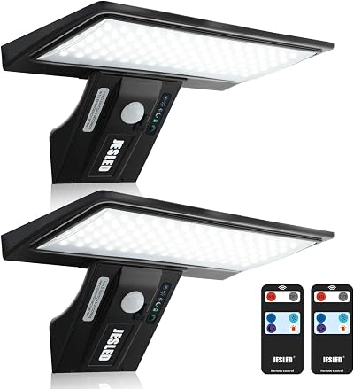 JESLED Solar Lights Outdoor Motion Sensor, Dusk-to-Dawn, Remote Control | IP65 Waterproof Security Flood Light, Type C Charging, 4 Lighting Modes, Emergency Lighting for Garden Yard Garage, 2 Pack