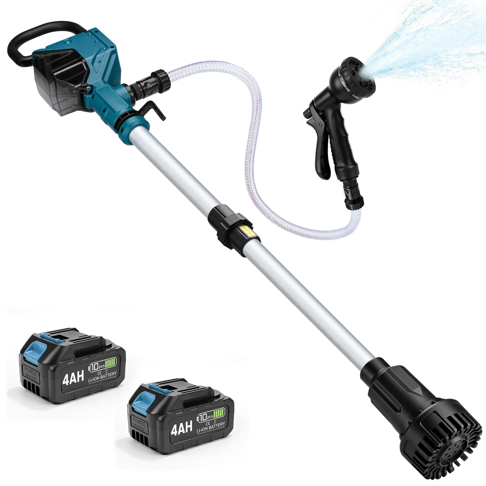 Akku Regenfasspumpe, 3600 L/h, 10m Förderhöhe, 2 x4.0Ah Akkus, Bürstenlos | mit Gartensprühdüse & 2m Schlauch, Kabellose Wasserpumpe Akku Tauchpumpe Kompatibel mit Makita 18V für Pool/Gärten/Teiche