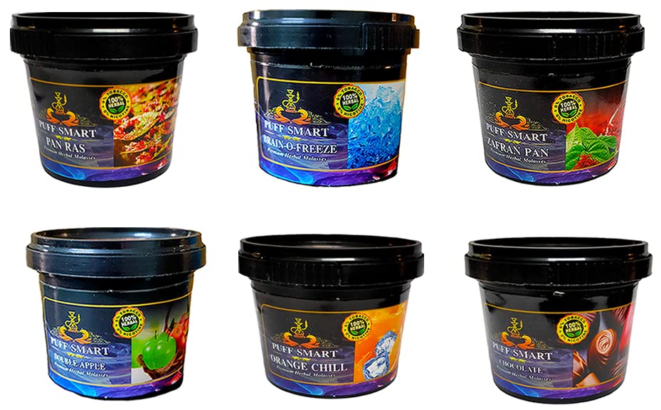 PUFF SMART Premium Herbal Molasses Pan Ras, Brain-O-Freeze, Double Apple, Orange Chill, Zafran Pan, Chocolate (Pack of 6) (100% Tobacco and Nicotine Free)