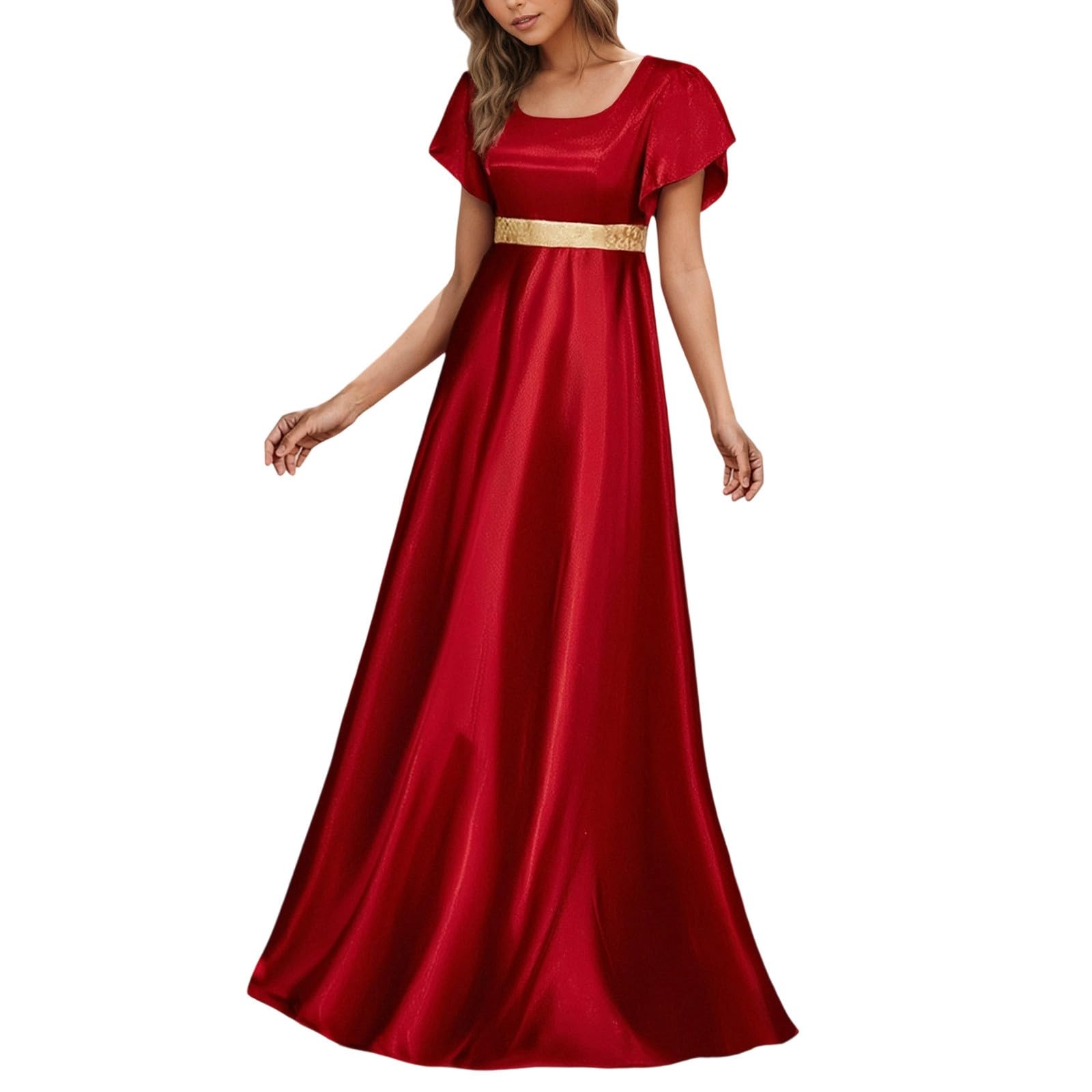 Women Medieval Victorian High Waist Retro Regency Dresswomen'S Satin Ruffled Puff Sleeve Waist Dress Victorian Tea Party Gown with Ribbon Tie Ideal for Costume Parties Halloween Red