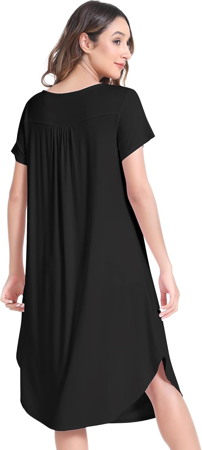 NACHILA Womens Nightgowns -Viscose Made from Bamboo,Soft Nightshirt Short Sleeve Sleepwear Pleated Sleepdress Cool Sleepshirt - Image 3