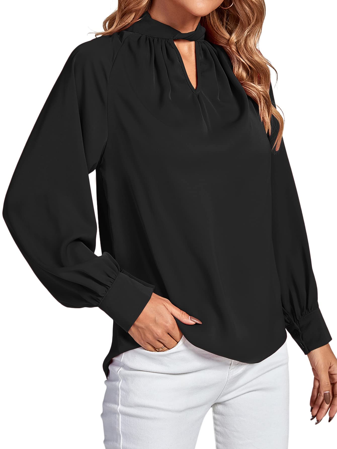 LYANER Women's Twist Hollow Out Front Mock Neck Keyhole Back Long Sleeve Office Blouse Shirt Top