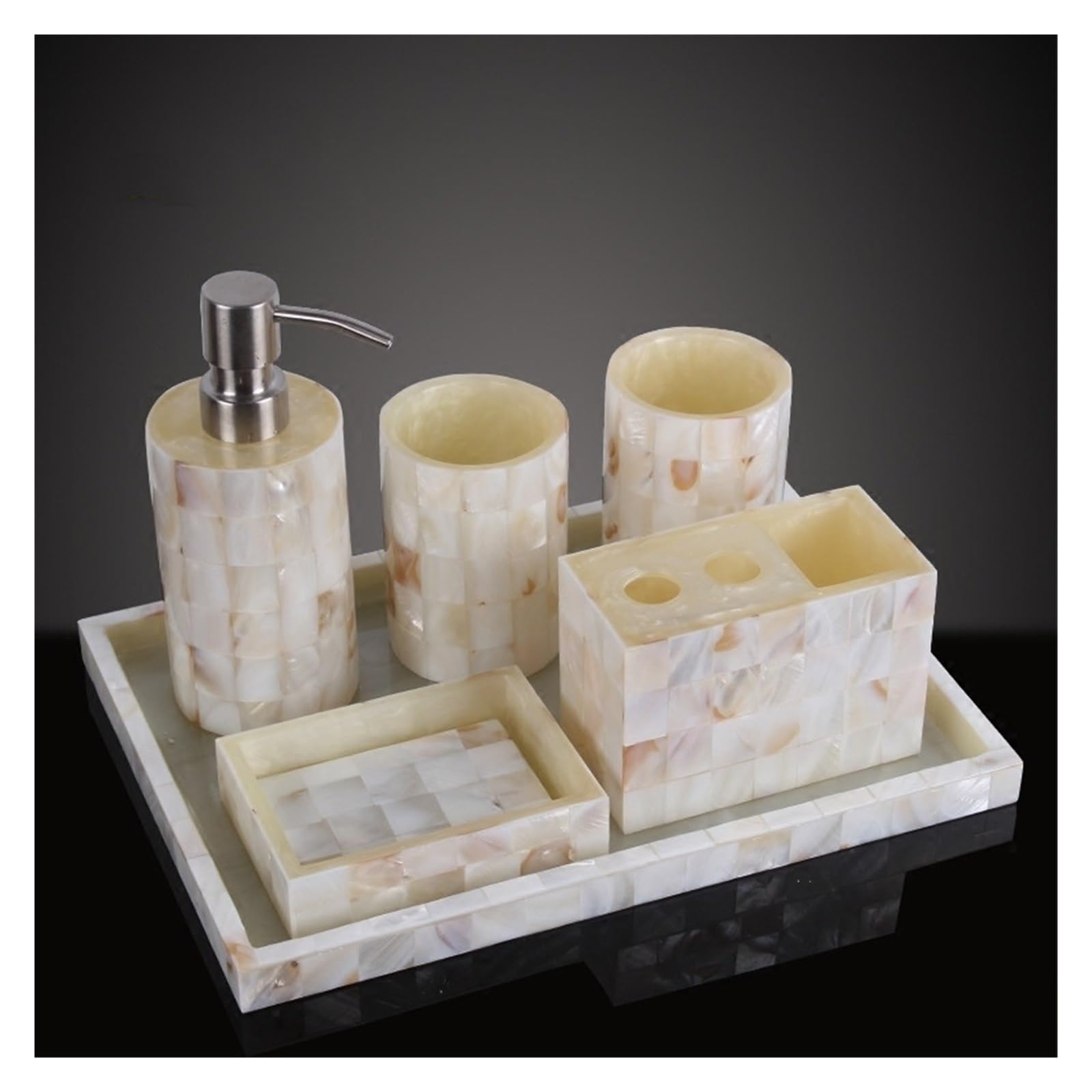 Set Dispensador Jabon Baño Juego de cinco piezas de accesorios de baño de resina con forma de concha, herramientas de lavado, dispensador de jabón, vaso for gárgaras, soporte for cepillo de dientes, j