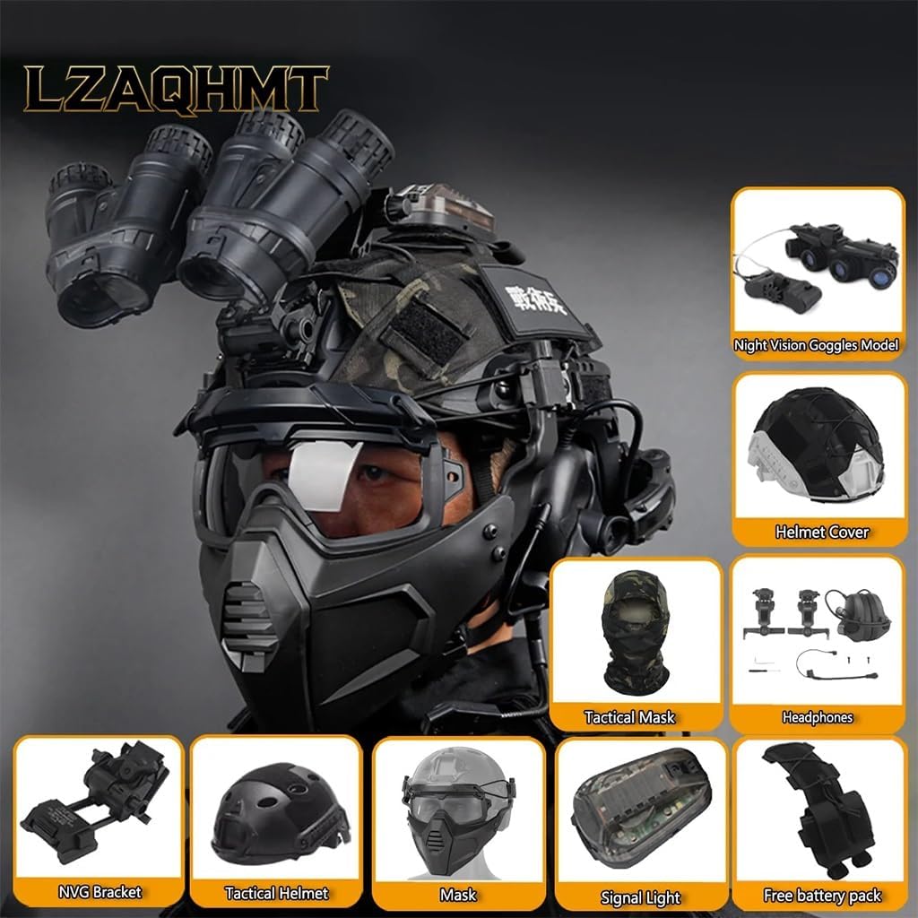 Tactical Helmet Set with Night Vision Model, Communication Headset Full Face Mask, Anti-Fog Goggles, & Signal Lights - Paintball Airsoft Shooting Gear