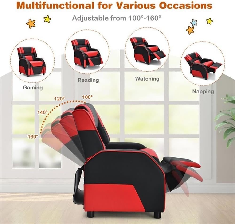 Pemberly Row Kids Gaming Recliner Chair, Red PU Leather, 24"L x 27.5"W x 32"H, Adjustable Headrest & Footrest, Ergonomic Design, Soft Sponge Filling, Sturdy Construction for Youth Gaming, Reading or