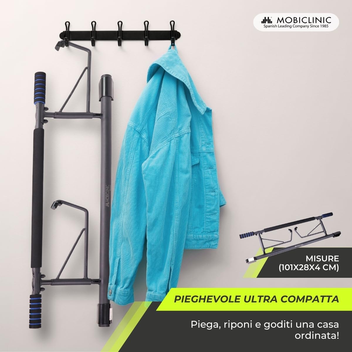 Mobiclinic®, Barra per trazioni sospese, Senza attrezzi, K5, Max. 200 kg, Con maniglie elastiche e antiscivolo in schiuma, Regolabile da 70 a 92 cm, Esercizio domestico, Facile riporre