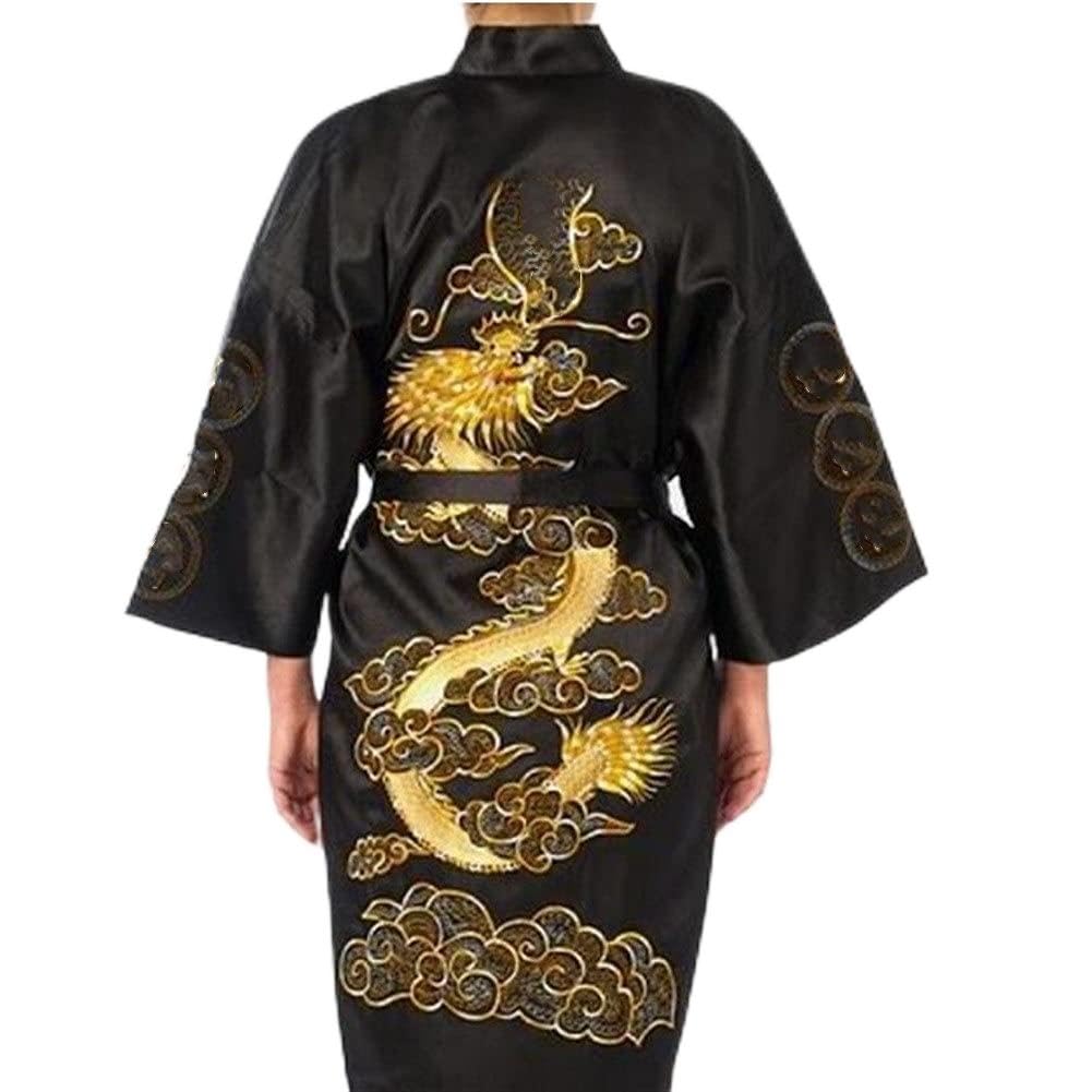 DFKE Dragón chino de los hombres bordado por satinados de satén, bata, pijamas de navidad kimono for hombres, seda de satén (Color : A, Size : Large)