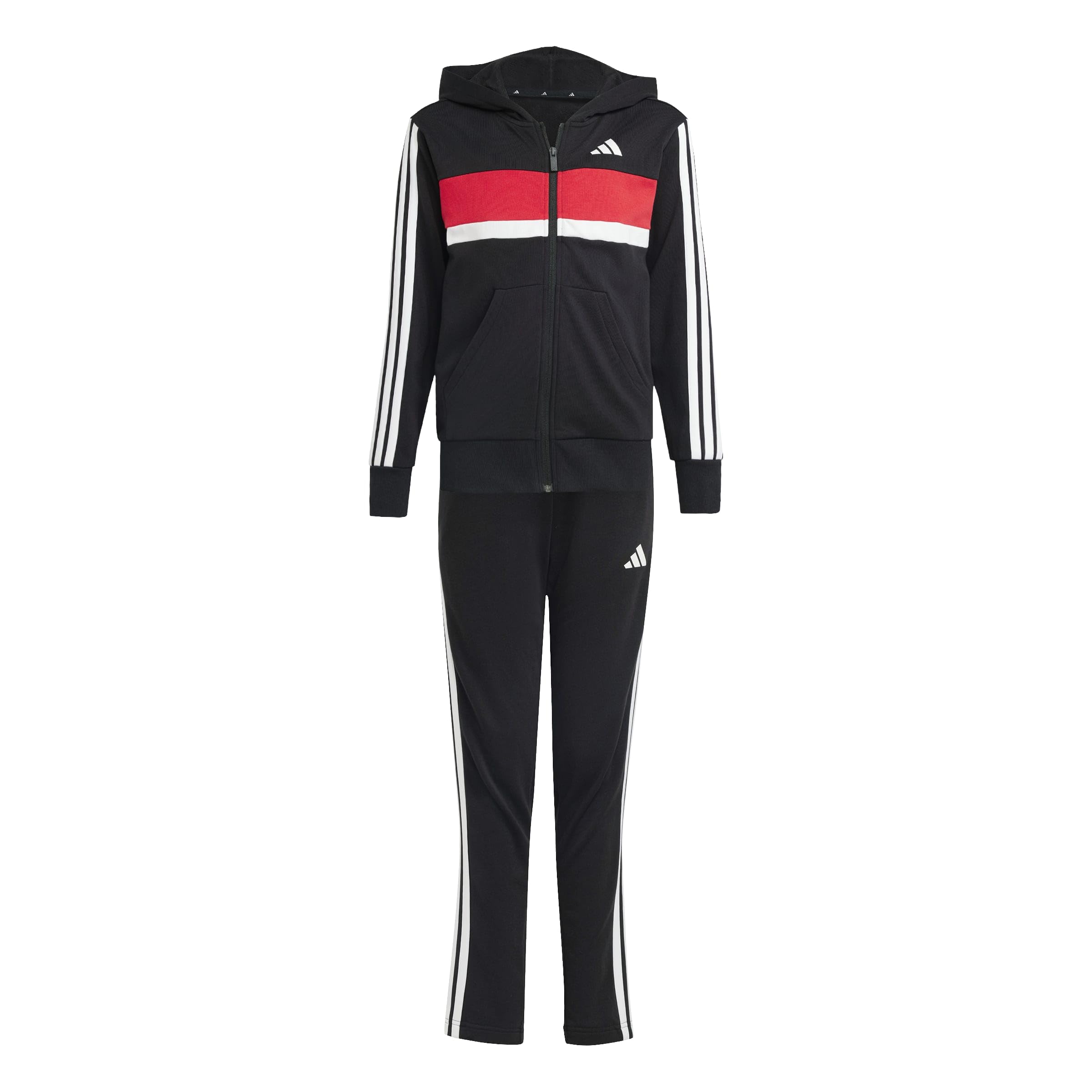 adidas Unisex Kids SEASONAL ESSENTIALS TIBERIO 3 STRIPES FRENCH TERRY TRACKSUIT, black/white/pure ruby, 9-10 Years