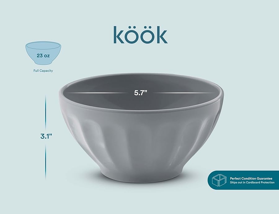 KooK Cereal Bowl, Bowls for Kitchen, Set of 6, Ceramic, for Soup, Pasta, Salad, Dessert, Dinnerware Bowls, Microwave and Dishwasher Safe, 20 Oz, (Powder Grey) - image 6