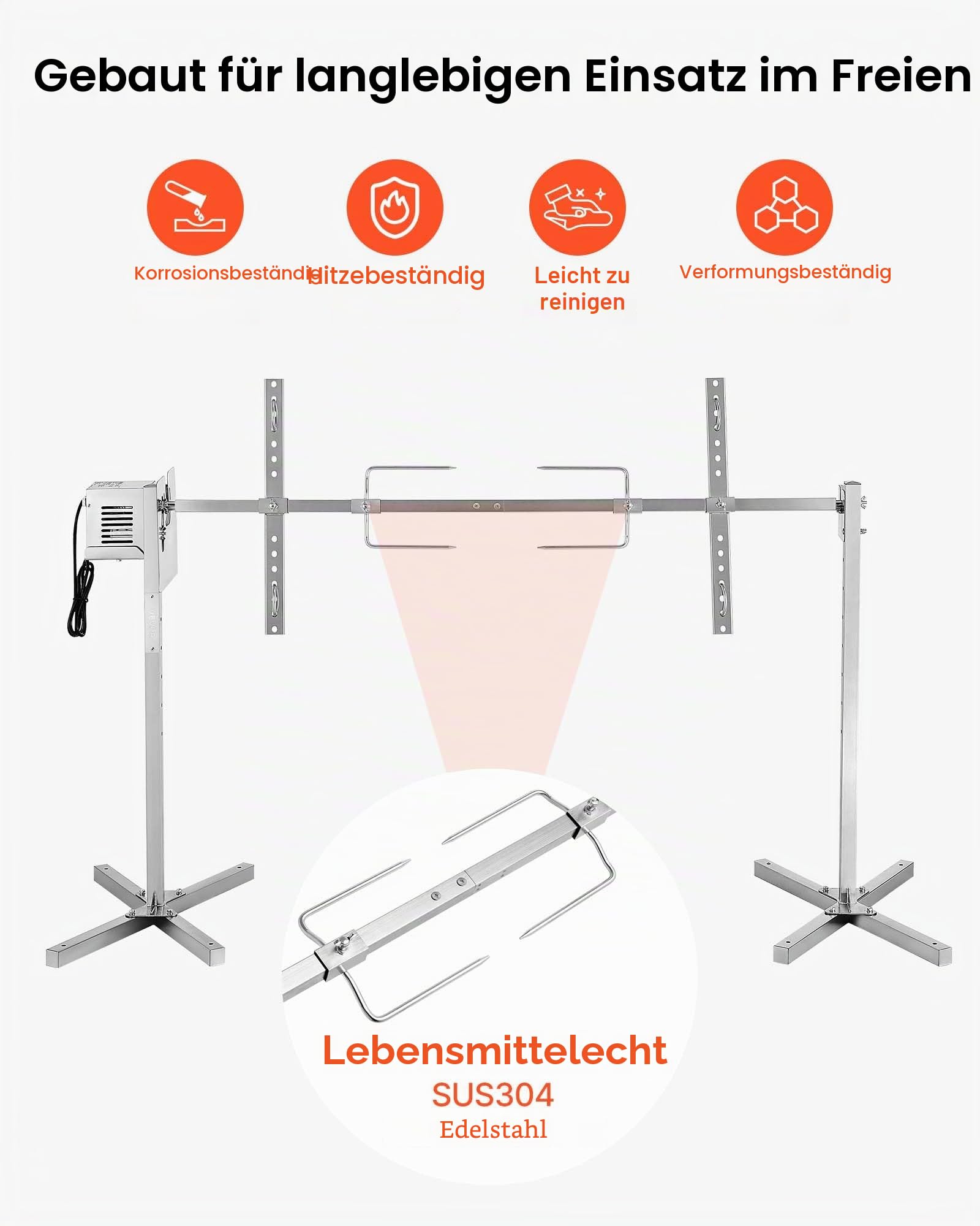 VEVOR Spanferkelgrill Lammgrill Spießbratengrill 1321 mm Rotisserie-Grill AC 220-240 V, 8-stufiges elektrisches Rotisserie-Grill-Set mit 40 kg Tragkraft, 38 W Motor Grillset für Partys