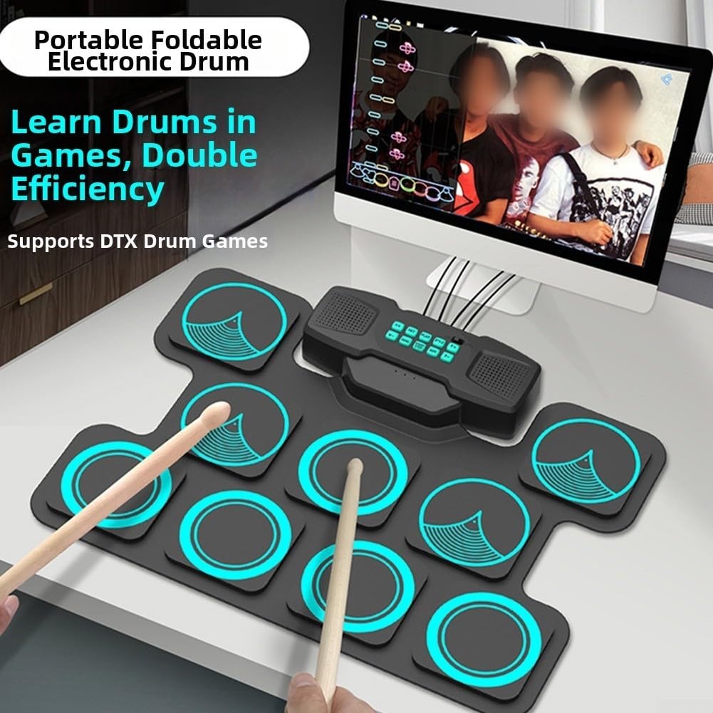 Elektronisches Schlagzeug Set Tragbar mit Eingebauten Lautsprechern, 7 Töne & 10 Demo-Songs, Roll-Up Drum Kit mit Pedal und Stöcken für MIDI Übung(Black)