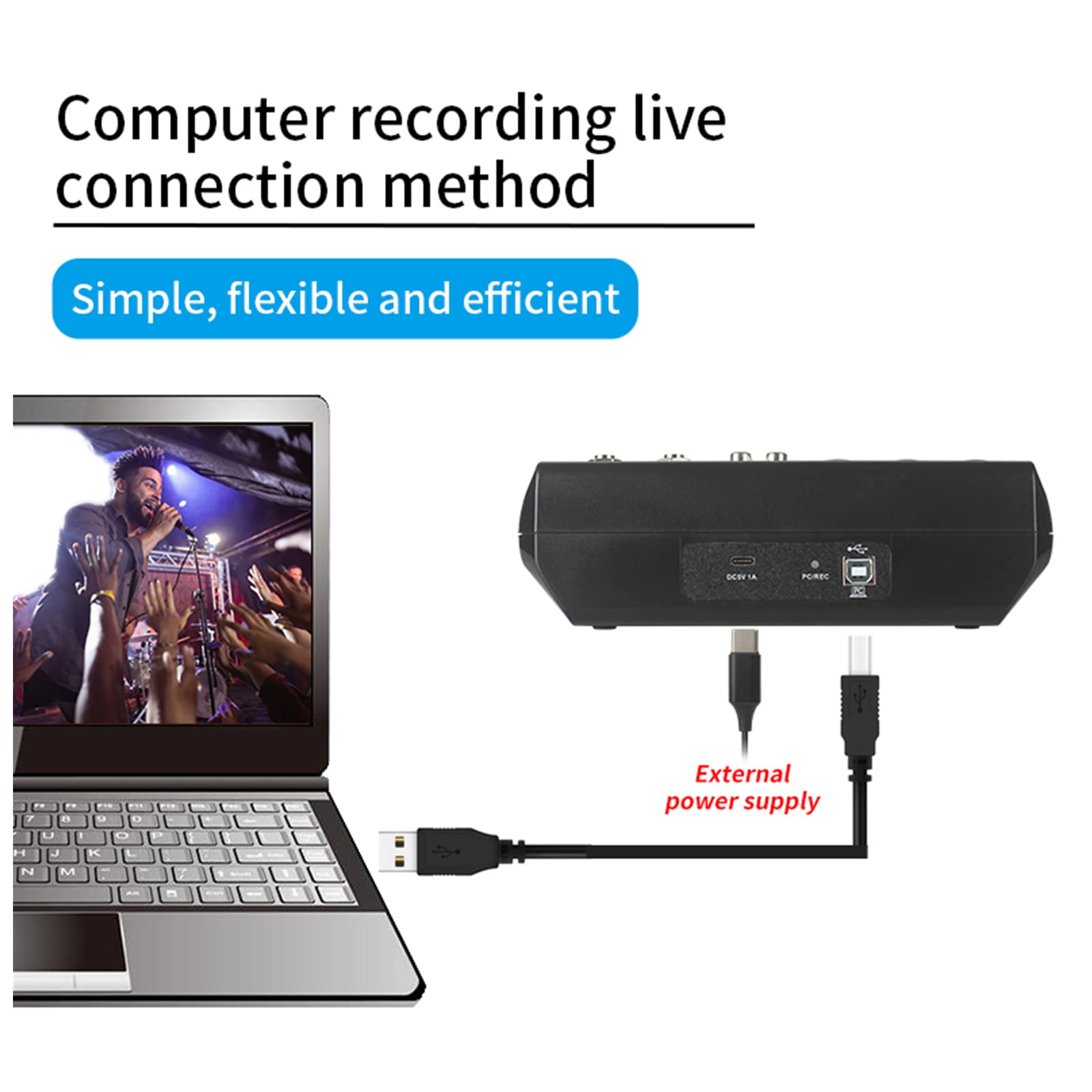 Table de Mixage 5 Canaux, Table-Mixage-Audio-USB Alimentation Fantôme 48V, Console de Mixage pour Ordinateur Microphone Lecteur, Mélangeur Audio pour Live Studio Scène
