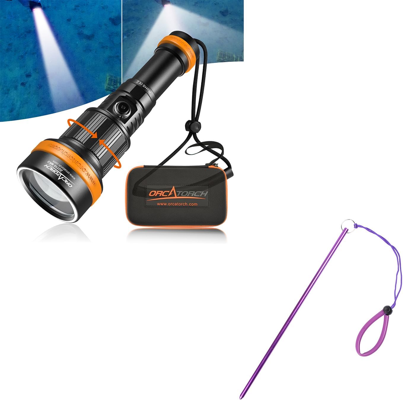 ORCATORCH ZD710 MK2 Zoomable Dive Light Beam Angle 4°-72° Adjustable, Max 212500cd Beam Intensity & 13 inches Scuba Diving Pointer Aluminum Alloy Lobster Tickle Pointer (Purple) Combo