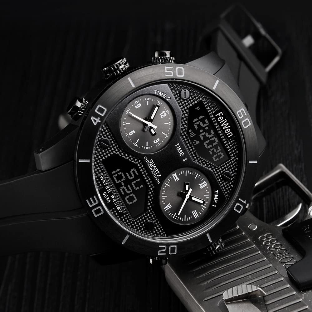 Homme Mode Analogique Quart LED Électronique Temps Trois Digital Montres Bracelet 50M Étanche Outdoor Militaires Sport Montre Chronomètre Calendrier (Noir)