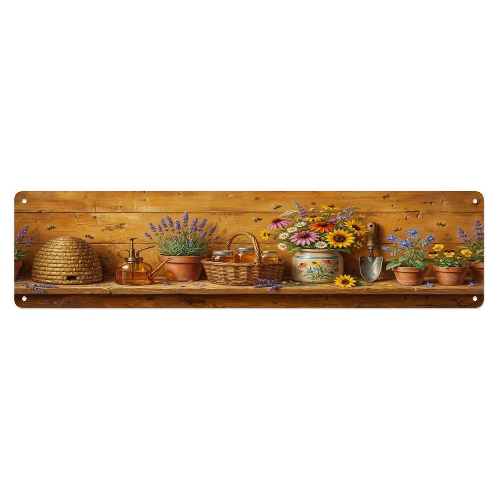 Okahys 4X16inch(10X40cm) Floral Garden Tools Bee Skep Pattern Print Metal Tin Sign
