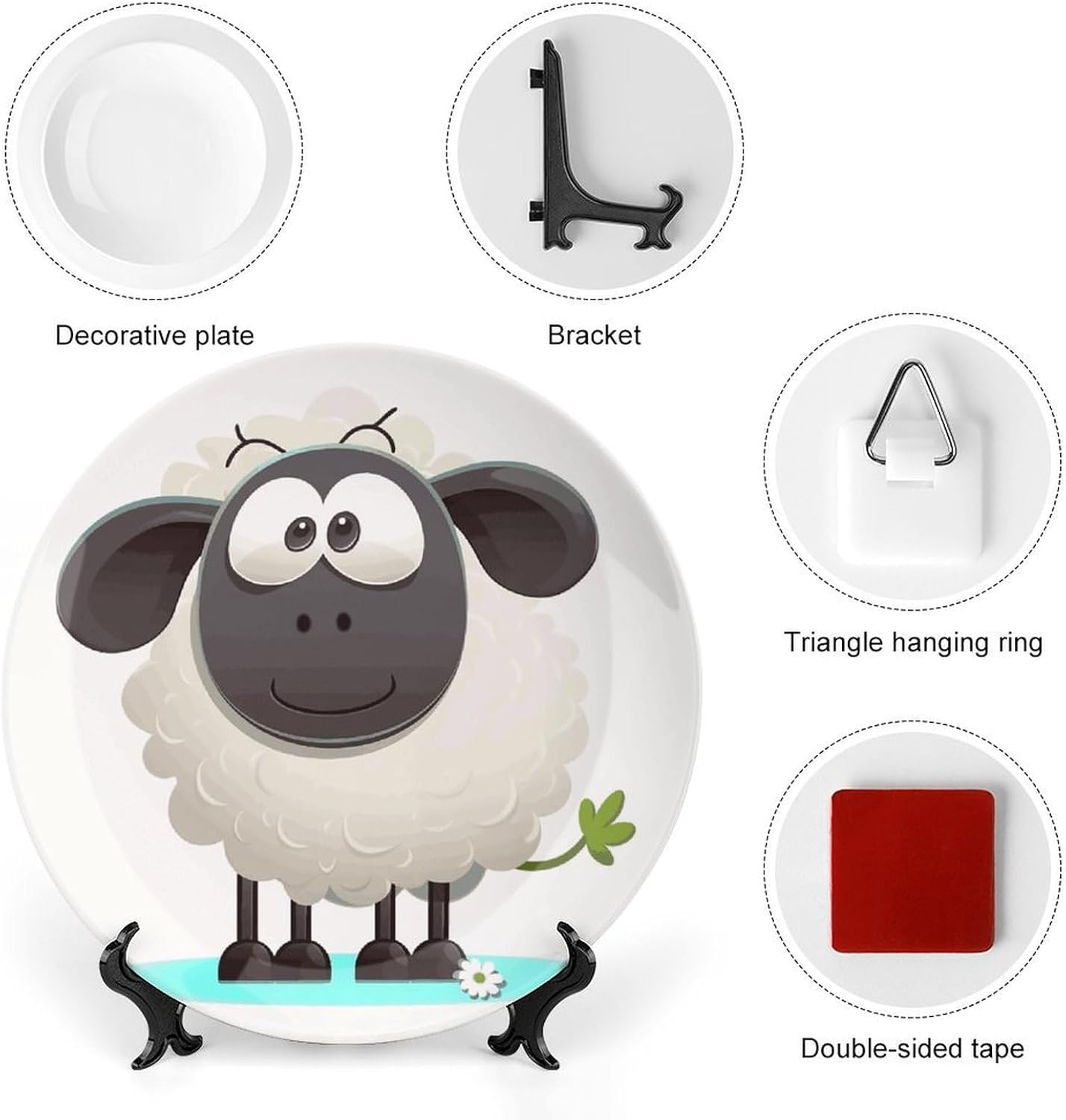 Sheep Bone China Decorative Plate with Display Stand, Ceramic Ornaments Plate for Wall Hanging, Personalized Porcelain Plates for Office, Living Room 8inch