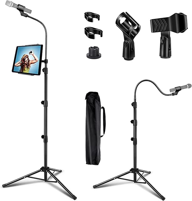 LIUGAST Microphone Stand Portable Boom Mic Stand with Phone Holder,Adjusted Gooseneck Mic Tripod From 3 to 6 Feet , 2 Standard Mic Clips, Black