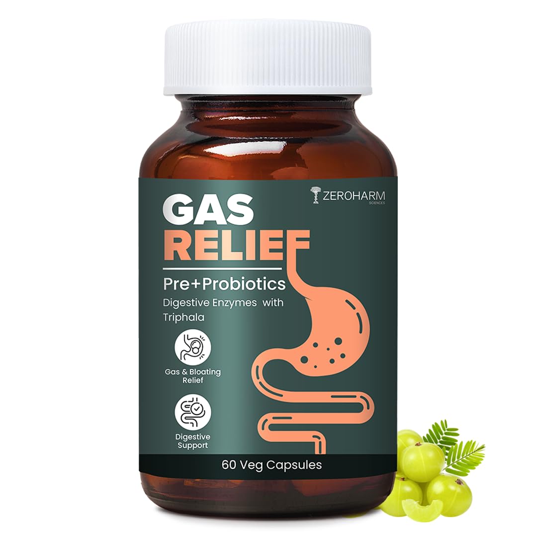 ZEROHARM Gas Relief Capsules | Helps in Reducing Acidity Recurrence With Digestive Enzymes, Pre-Probiotics & Triphala | Reduces Bloating, Flatulence & Enhances Digestion | 60 Capsules-image-48