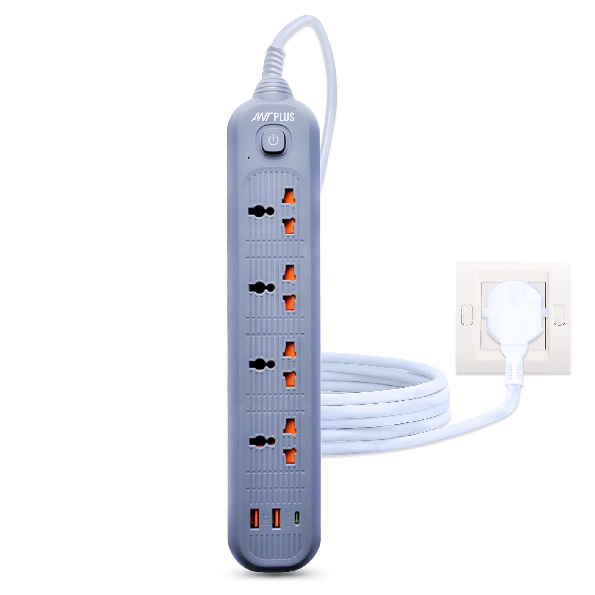 Ant Plus Electric PS421 Power Strip,10ft Universal Extension Cord 4 AC Outlets 2USB 1 Type C PD Ports, Flat Plug, Max 2500W, 220-250v, Multiple Outlet Extender for Home Office Store_ Grey-image-26