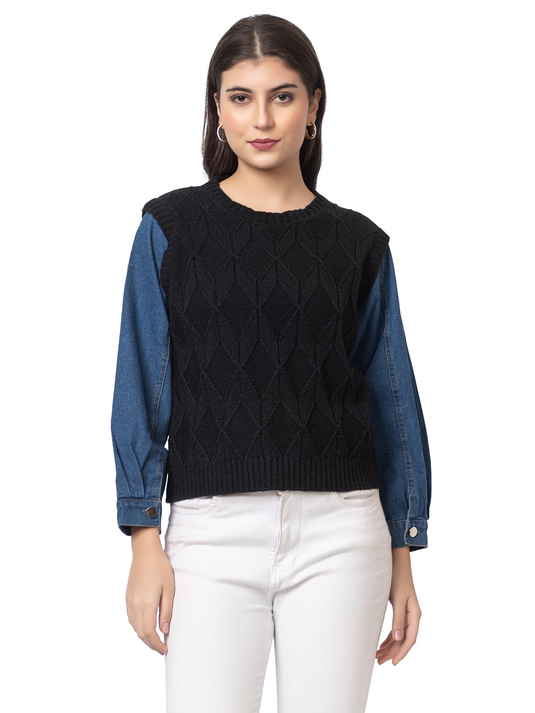 gfo Fancy Denim Sleeves Woollen Top Type Sweaters for Women-picture-21