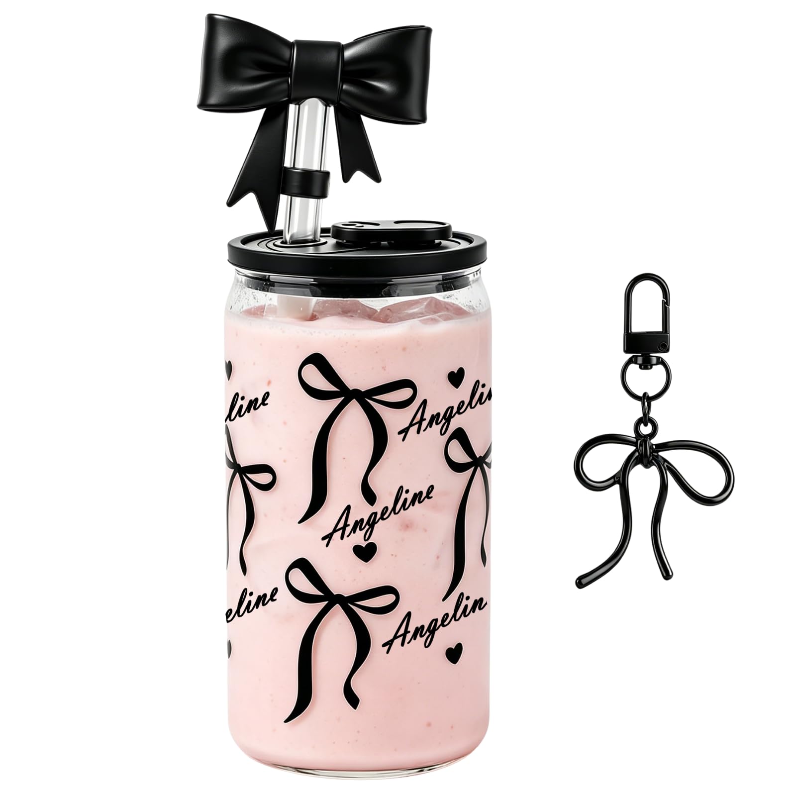 Mason Life Personalized Cups with Coquette Bows-Can Shaped Glass with Lids and Straws-18OZ Iced Coffee Cups -Cute Glass Tumbler Birthday Thanksgiving Christmas Gift for Women