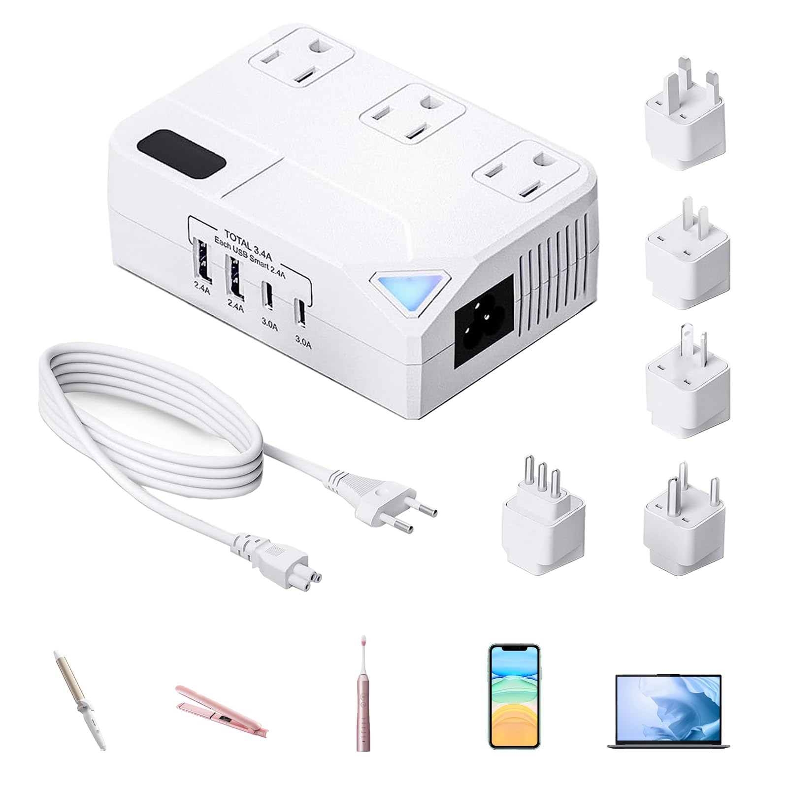 Travel Voltage Converter Step Down, 250W International Power Adapter for Hair Straightener/Curling Iron, Including UK/US/EU/AU/IT/India Universal Plug Adapter (Off-White)