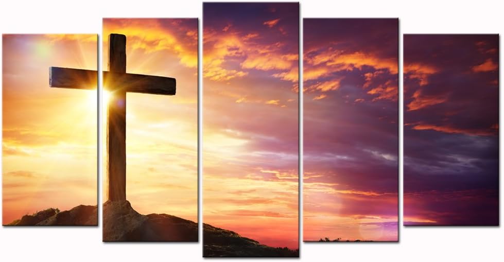 sechars - 5 Large Painting Canvas Art Christian Crosses at Sunset Pictures Canvas Prints Wall Art for Living Room Home Decor Cross Poster Wall Picture Framed Ready to Hang