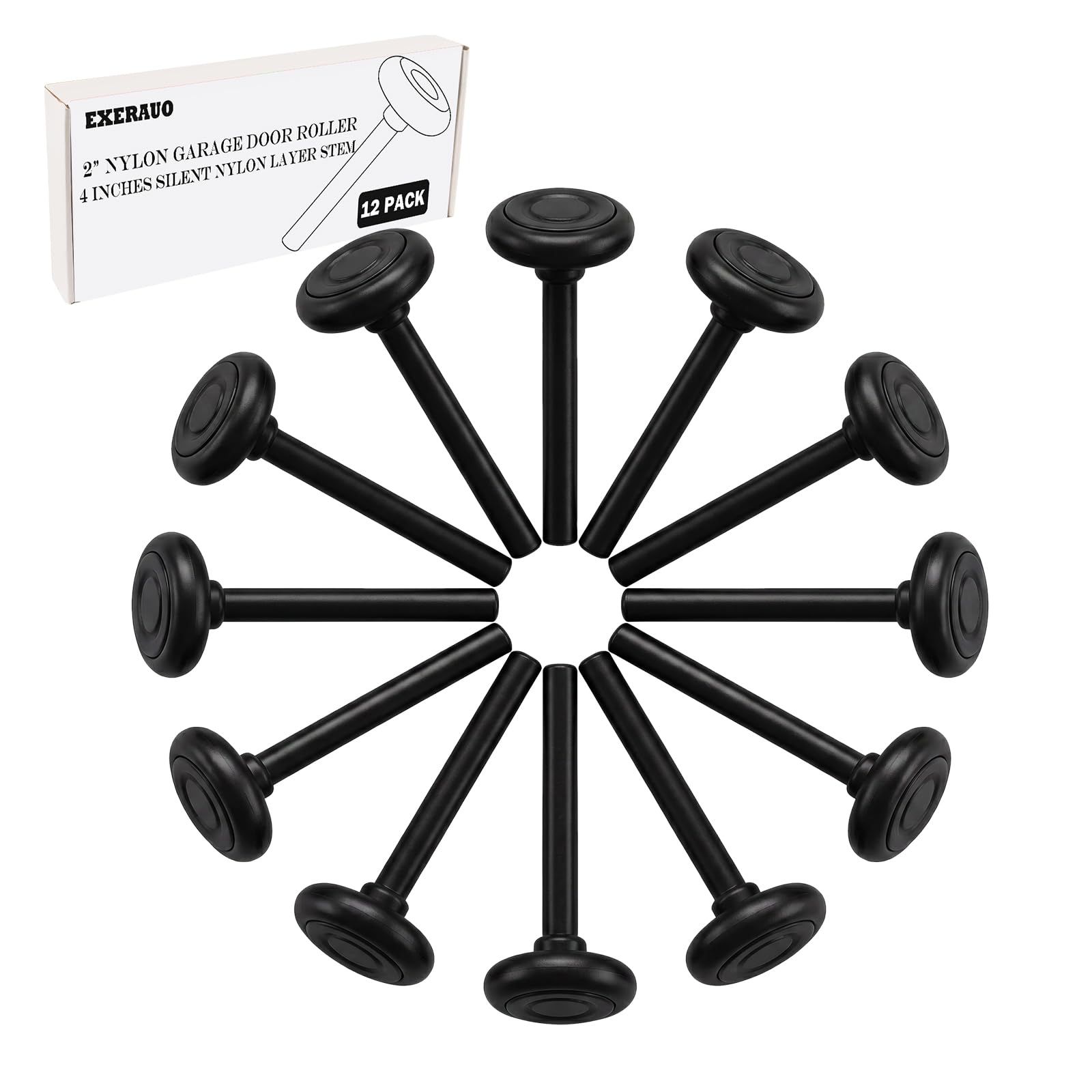 Photo 1 of EXERAUO 12 Pack Black 2" Nylon Garage Door Rollers, 4" Stem