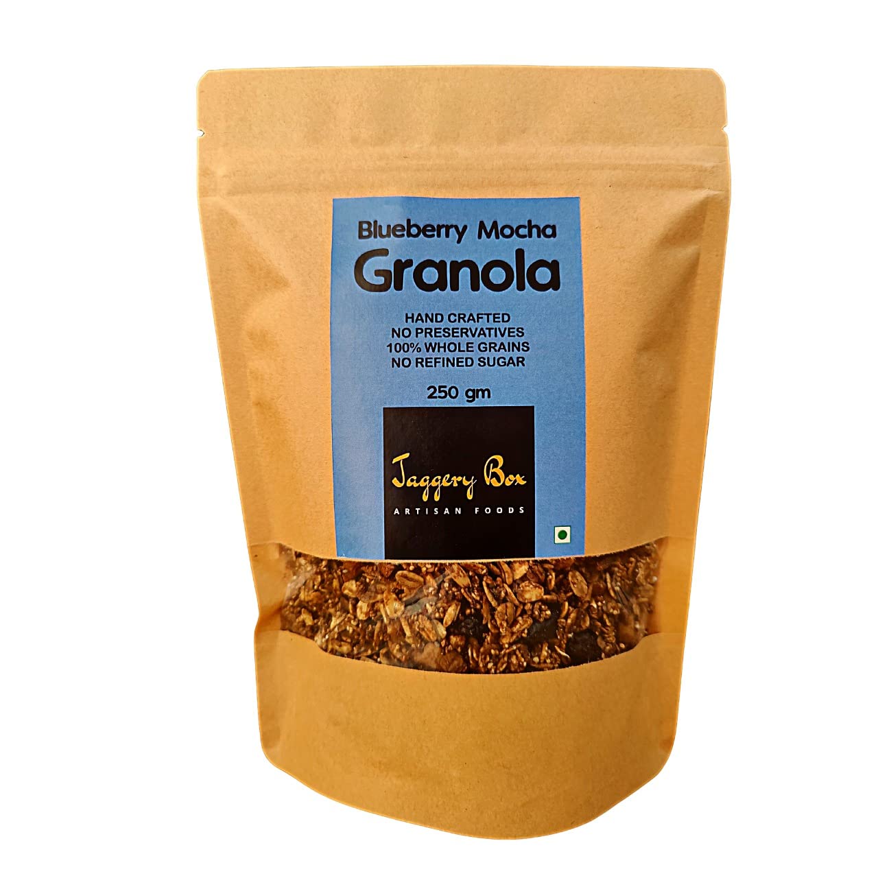 JAGGERY BOX BLUEBERRY MOCHA GRANOLA, All Natural Handmade Healthy Delicious Vegan Breakfast Cereal No Preservatives | Gluten free High Fibre Crunchy Muesli (1 KG)