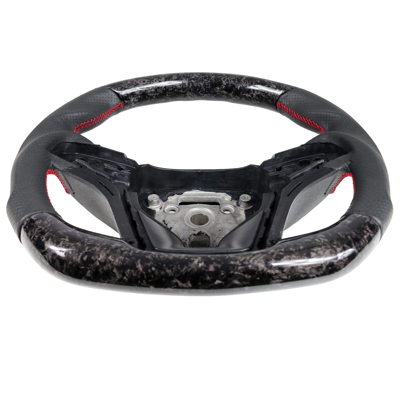 IKON MOTORSPORTS, Steering Wheel Compatible With 2012-2015 Chevy Camaro, Forged Carbon Fiber & Perforated Leather Steering Wheel Brushed Kit With Red Stitching