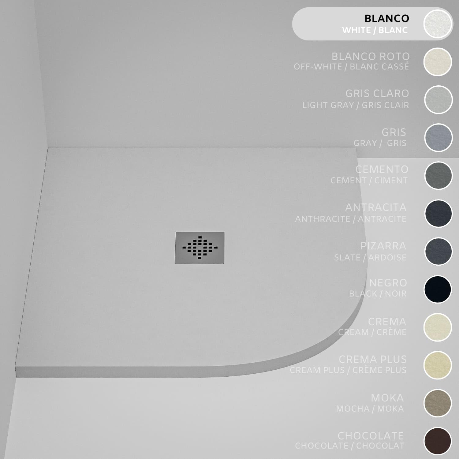 Soulhome Plato de Ducha Semicircular 70x70 Blanco - Rejilla Inox | Antideslizante C3, Extraplano, Resina y carga mineral, Textura Liso Piedra, Antibacteriano, Gel-coat, Incluye válvula desagüe