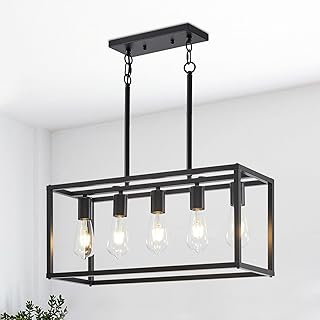 5-Light Kitchen Light Fixtures Black Farmhouse Chandelier Rectangular Dining Room Light Fixture Linear Pendant Lighting Hanging Lights for Kitchen Island Living Room Adjustable Height E26