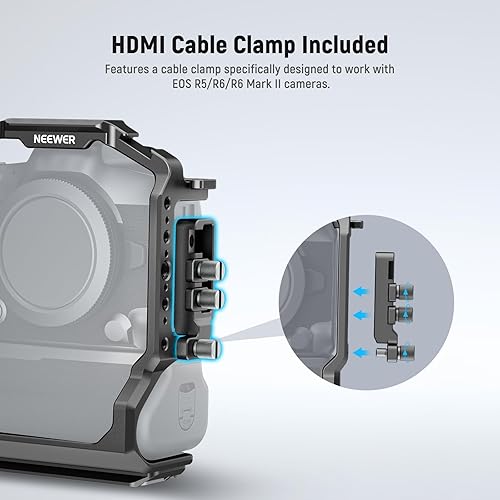 Miniatura 6 de NEEWER Jaula para cámara EOS R5 R5 C R6 R6 II y BG-R10 agarre de batería, con abrazadera de cable HDMI, localización ARRI de 38 pulgadas y roscas de