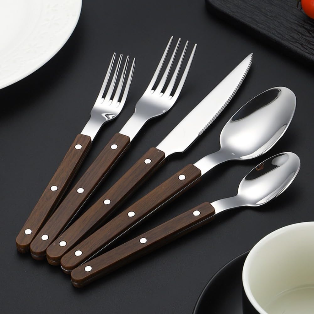Spessa Rivetto Morsetto Manico Cucina Acciaio Inox Argenteria Stoviglie Posate Set Bistecca Coltello Forchetta Cucchiaio Cucchiaino (Marrone scuro,20 pezzi)