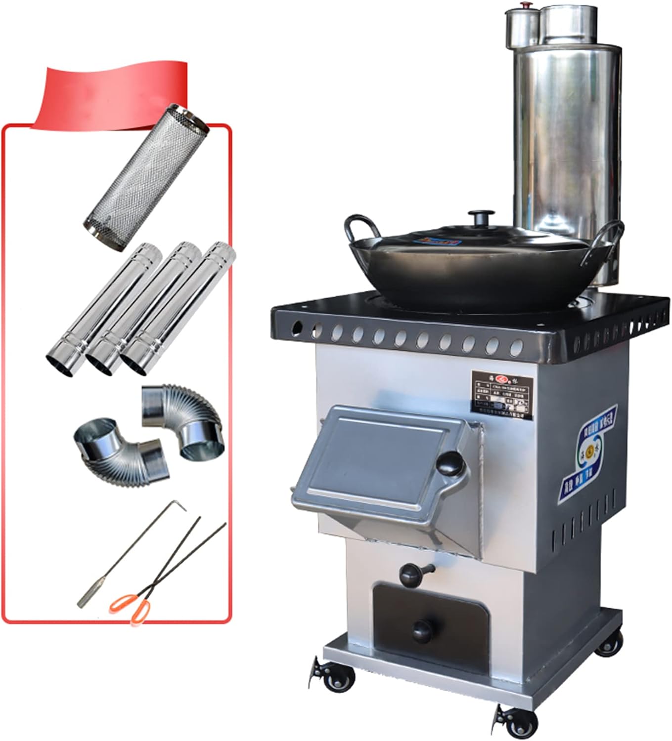 Pedestal Wood Burning Stove with Heated Water Tank,Multi-Function Smokeless Heating and Cooking Cast Iron Stove, Portable with Chimney Pipe and Handmade Wok,Fixed,Mobile