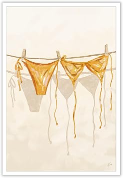 Swim Suit Drying In The Sun Canvas Wall Art Coquette Girl Orange Bikini Poster Trendy Minimalist Coastal Preppy Beach Aesthetic Prints Painting For Home Bedroom Dorm Wall Decor 12x16in Unframed