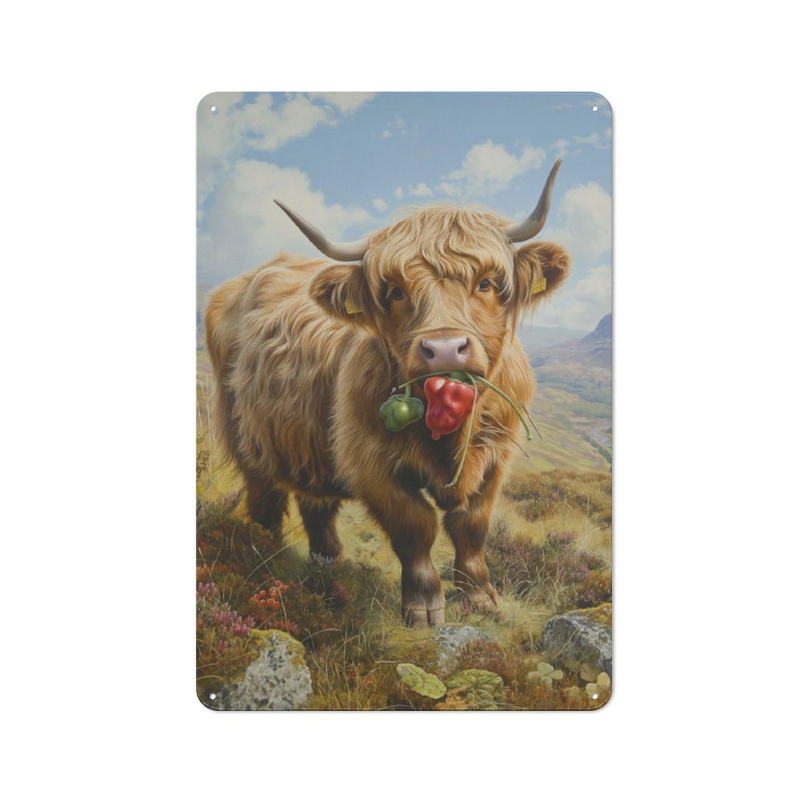 Junmoney Highland Cow Pepper Land Office Metal Sign 30X20cm, Understated Office Wall Decor For Workspace, Cafe, Shop Or Desk Area