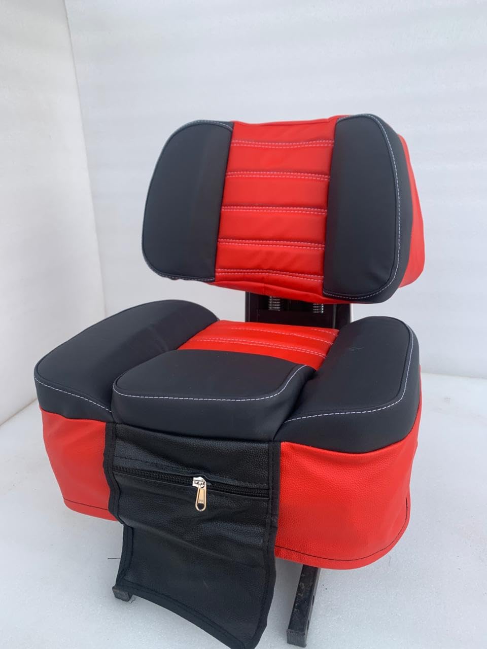 Universal Tractor Seat Cover with Storage, Red and Black, PU Leather, Quilted Design, Compatible with Massey Ferguson John Deere Swaraj