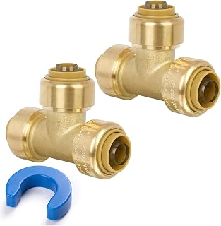 1/2" Pex Tee Pushfit, Push to Connect Brass Plumbing Fitting for Copper, CPVC, PEX Pipe, Brass Pex Fitting with Upgraded Stiffener, Disconnect Clip Included, NSF & UPC Certified, 2 Pack