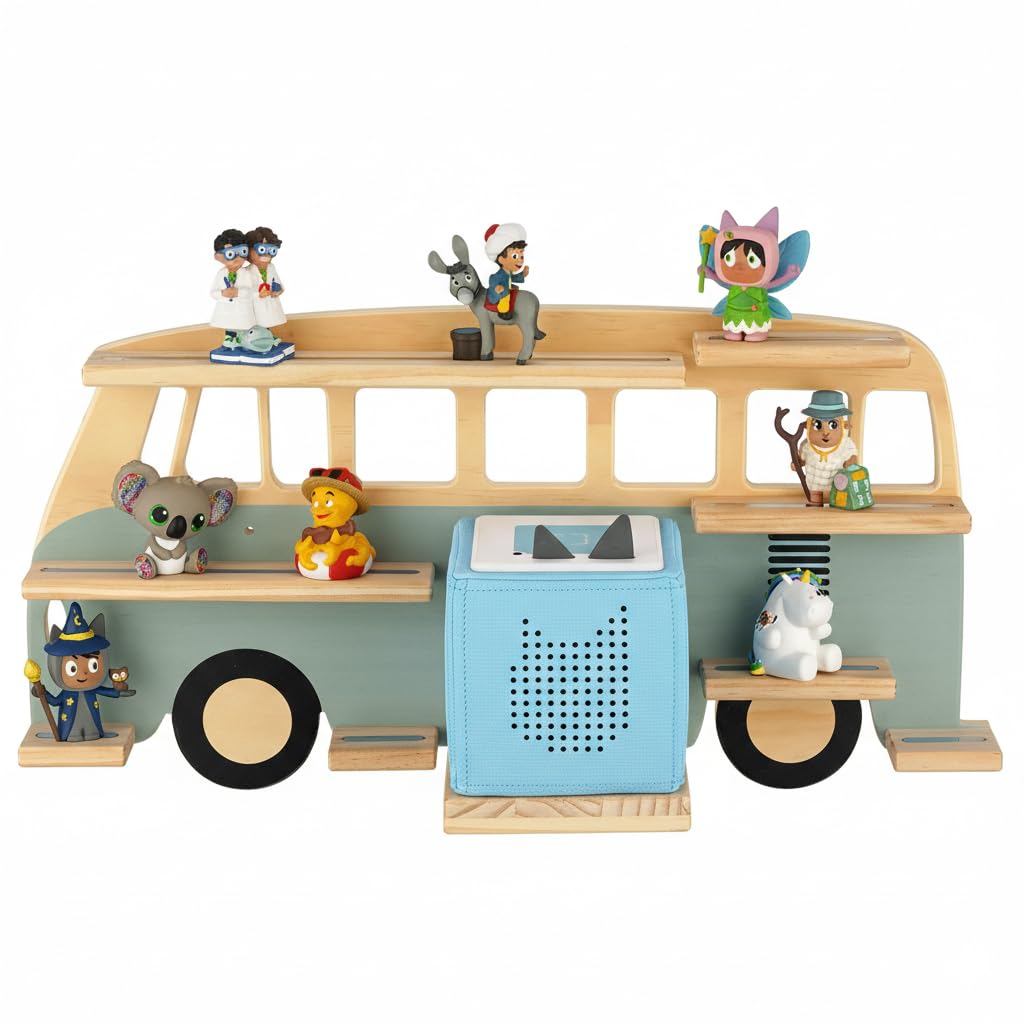 Little Goldie® Tonie Regal - für bis zu 32 Tonie Figuren (magnetisch) - Bus Motiv für Jungen und Mädchen - freistehend o. hängend - für Toniebox 1 und 2 (Grün)
