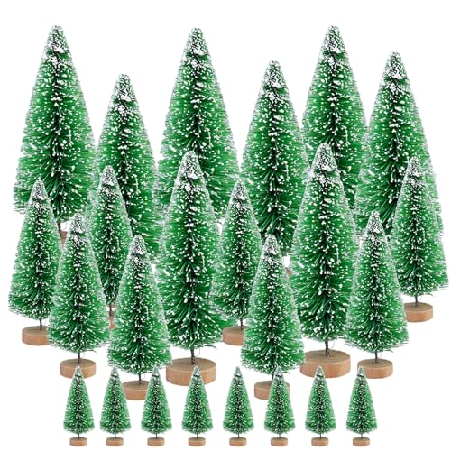TEYIAN 24pcs Mini Christmas Trees Green Sisal Trees Snow Frost Trees Bottle Brush Tree Christmas Party Decoration Miniature Table Ornaments