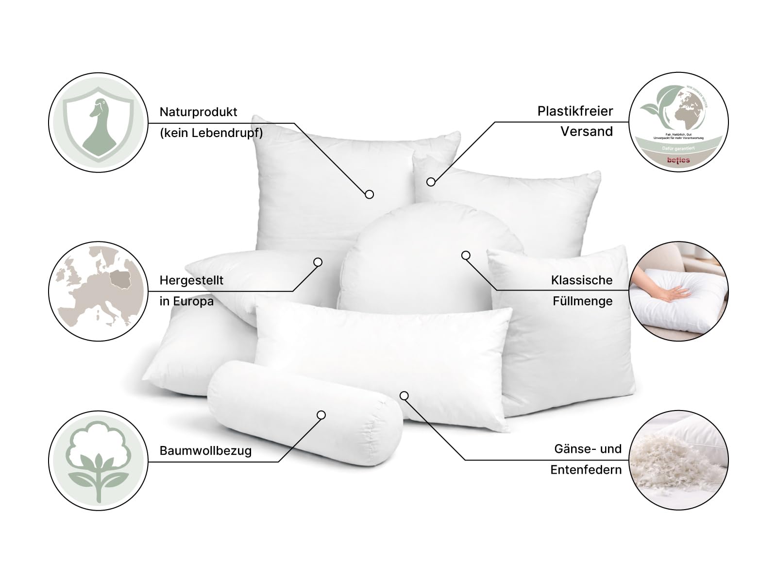 beties - Publik - Feder Füllkissen 30x70 cm – 530 g Enten- & Gänsefedern – Langformat Innenkissen Inlett – waschbares Baumwoll-Inlett – Sofakissen, Dekokissen & Rückenkissen